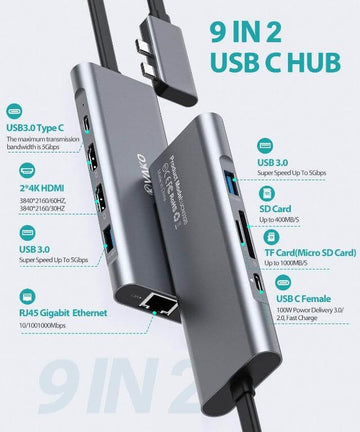 VAKO 9-in-2 USB Type-C Hub PRO for MacBook Pro/Air Triple Display Laptop Docking Station with Dual HDMI Ethernet SD/TF Slot 2x USB3.0 PD & Data Port - Imported from UK